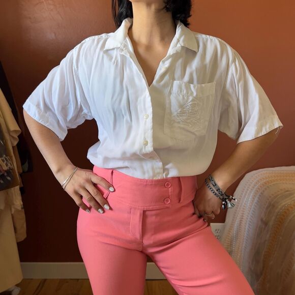 vintage Izod white small button down short sleeve rayon blouse seashell design - Picture 7 of 14